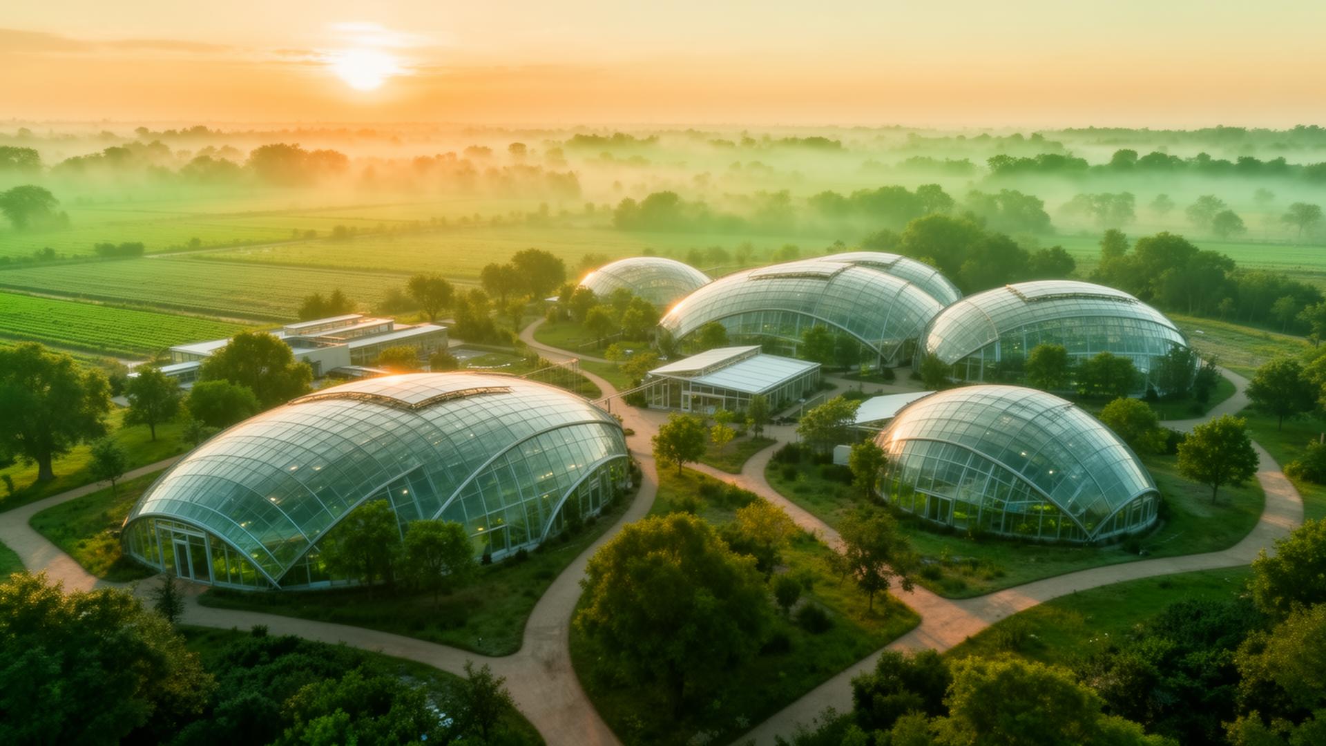 Aerial view of Kindred Pharms campus with greenhouse domes at sunrise